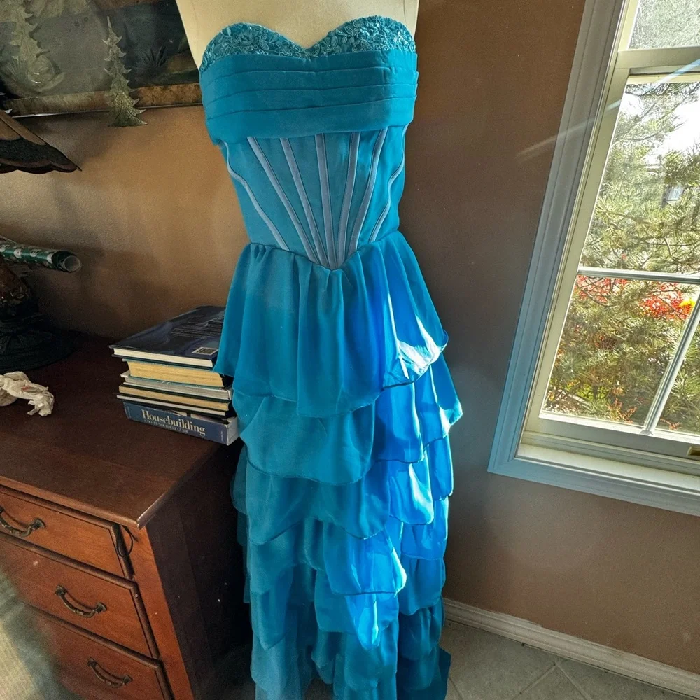 Strapless Blue Ruffled Gown - Picture 1 of 7